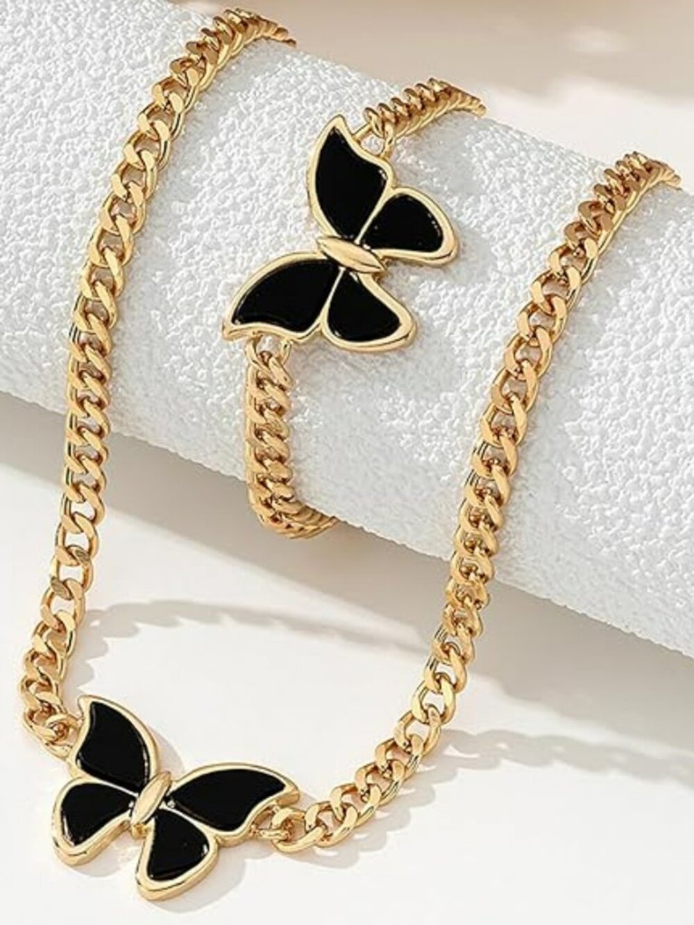 Butterfly Cuban Jewelry Set Gold & Black Necklace & Bracelet Set Chunky Cuban